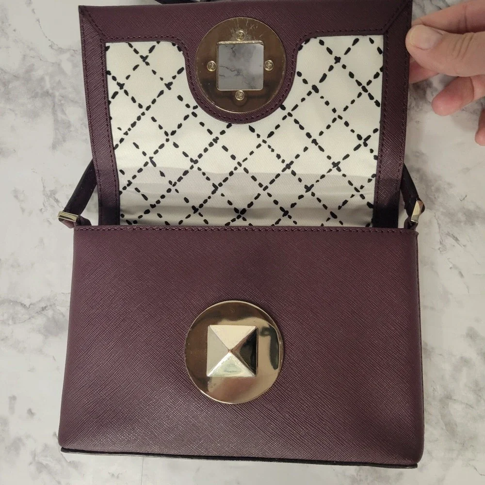 Kate Spade Burgundy Saffiano Leather Crossbody Bag Gold Pyramid Turnlock Plum